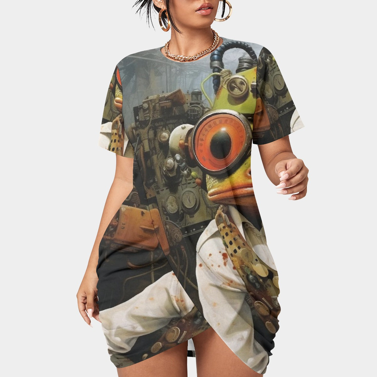 All-Over Print Women’s Stacked Hem Dress With Short Sleeve（Plus Size）