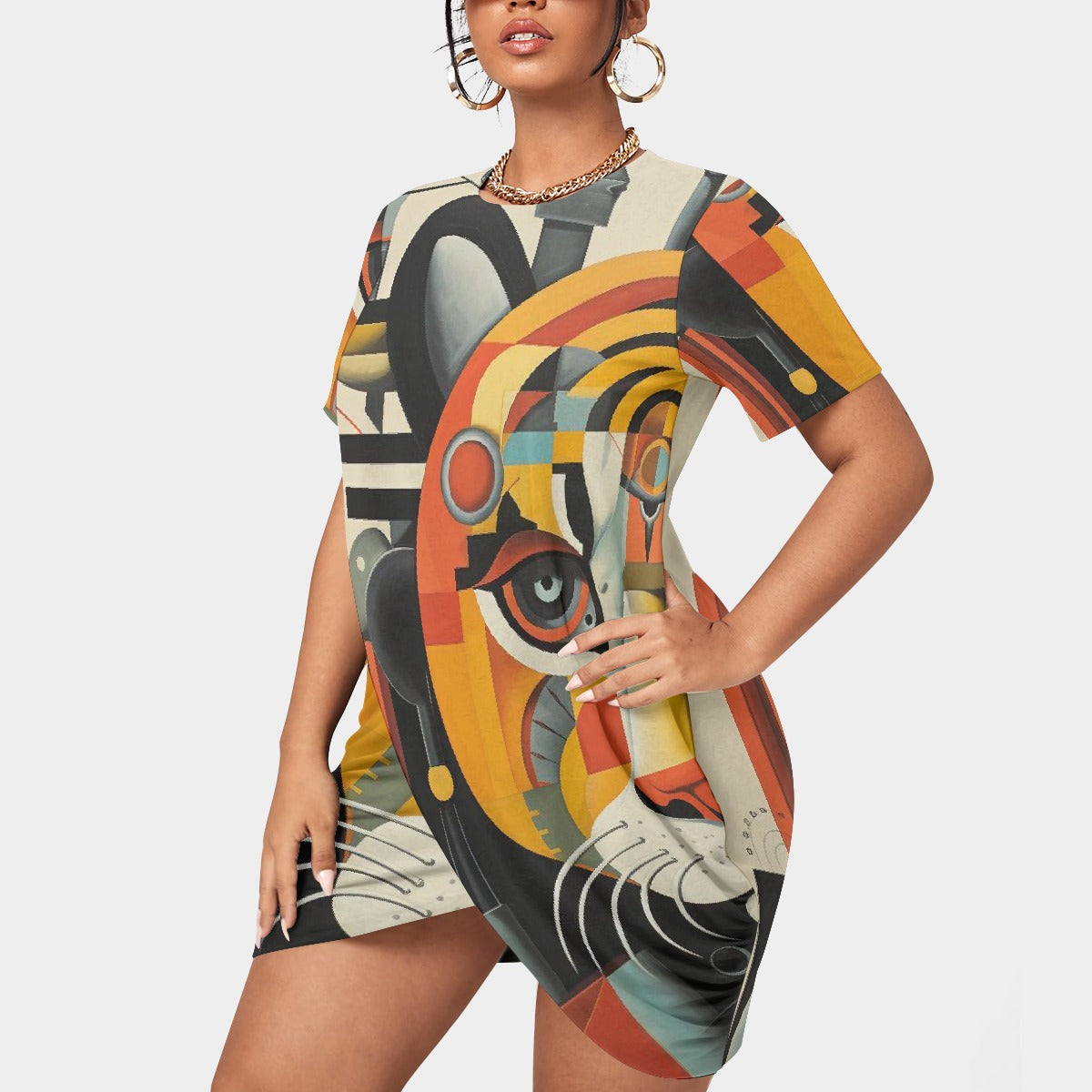 All-Over Print Women’s Stacked Hem Dress With Short Sleeve（Plus Size）