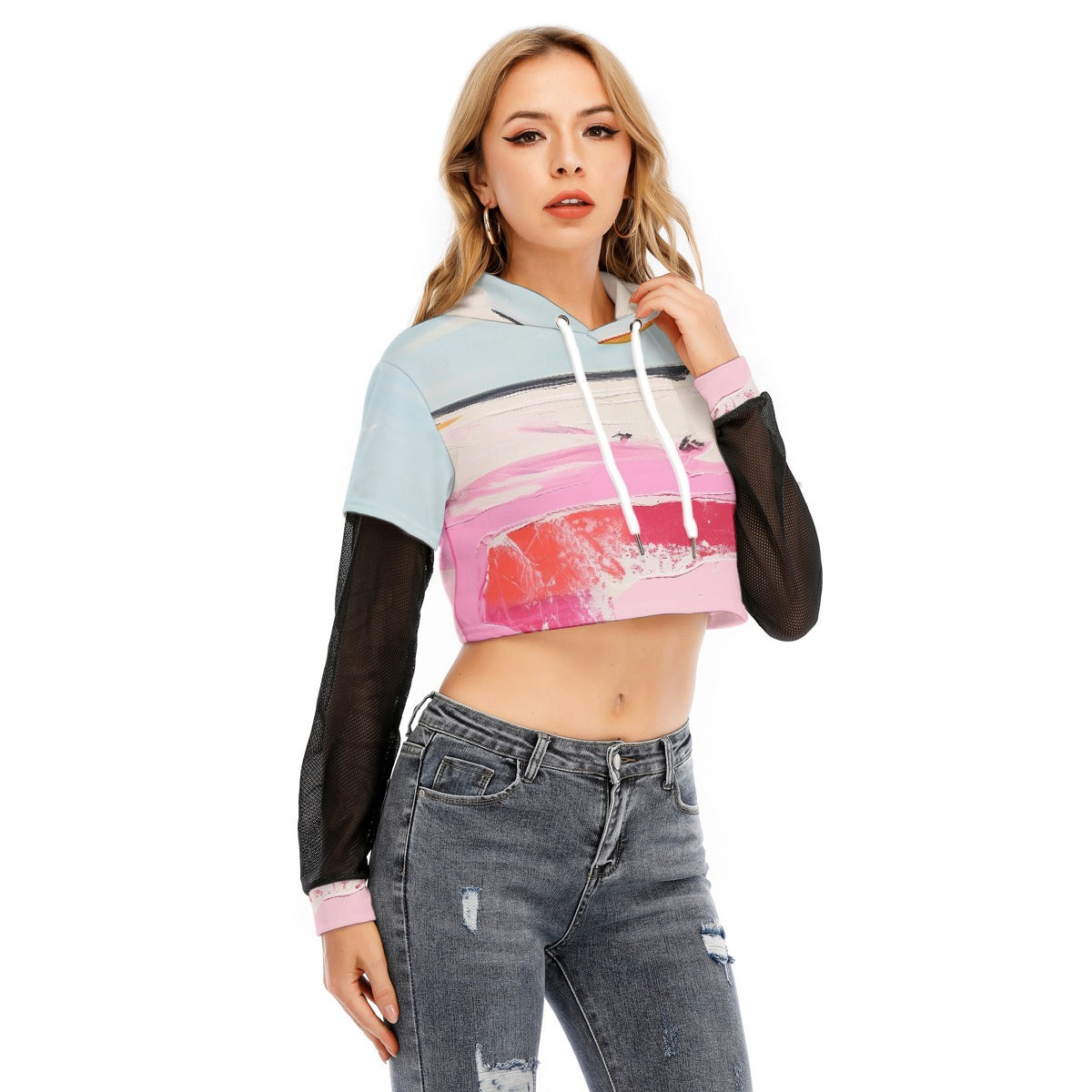 All-Over Print Women's Fake Two-piece Mesh Sleeve Cropped Hoodie