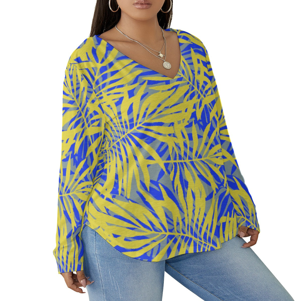 All-Over Print Women's V-neck T-shirt With Curved Hem(Plus Size)