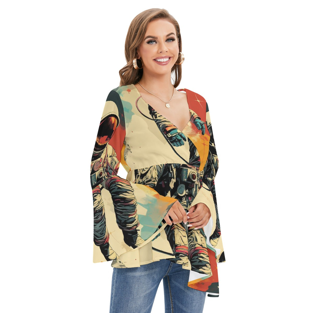 All-Over Print Women's V-neck Blouse With Flared Sleeves