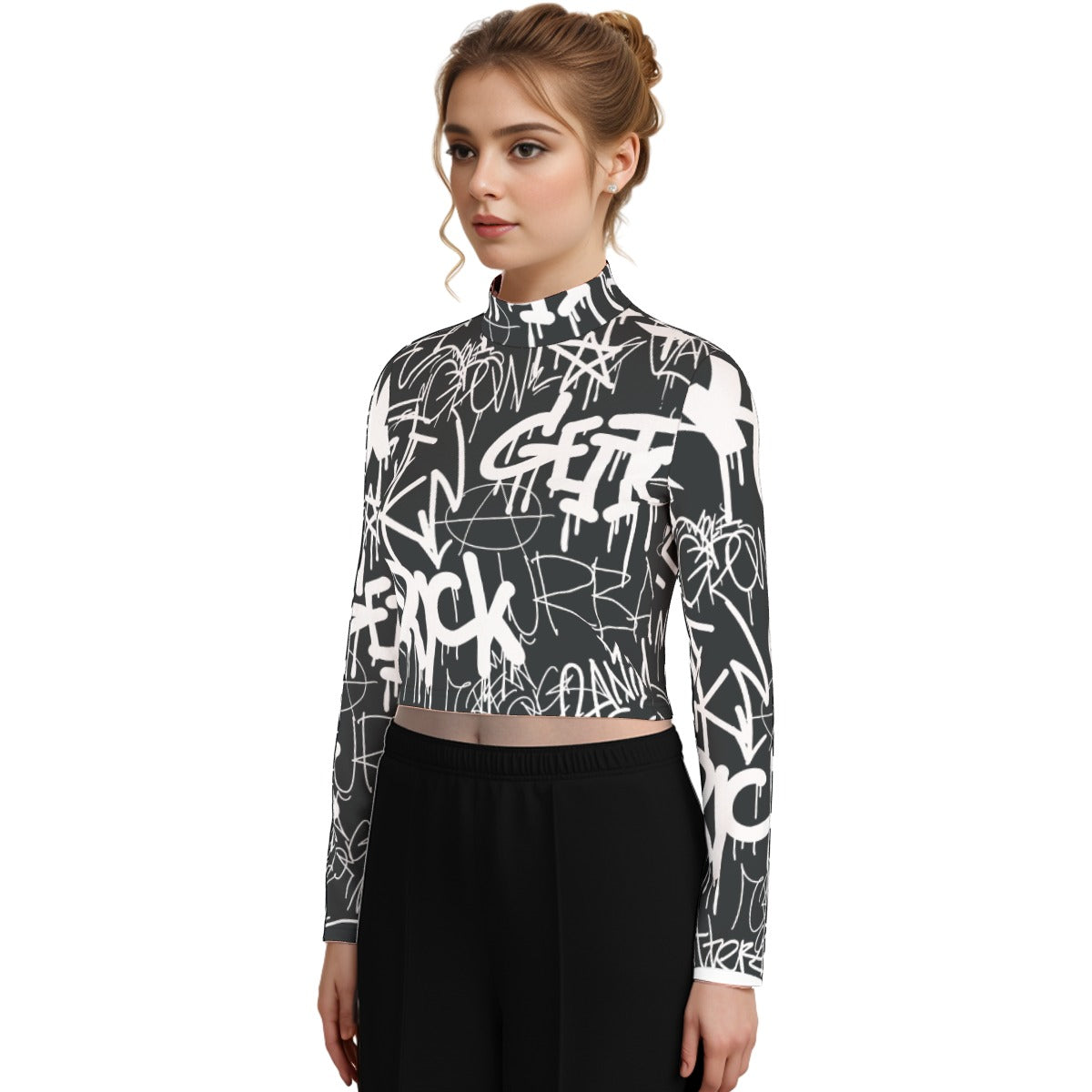 Eco-Friendly All-Over Print Women's Turtleneck T-shirt With Long Sleeve