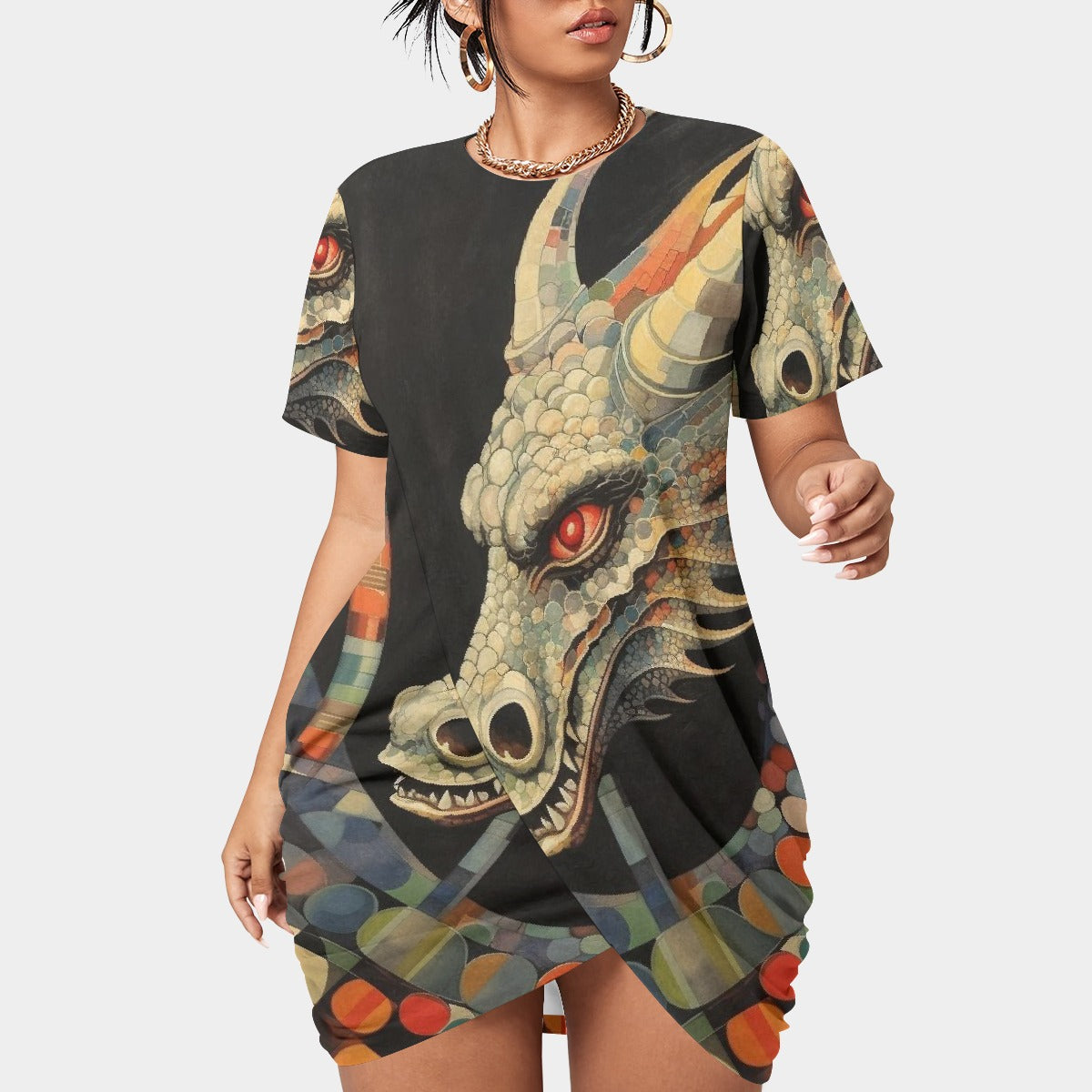 All-Over Print Women’s Stacked Hem Dress With Short Sleeve（Plus Size）