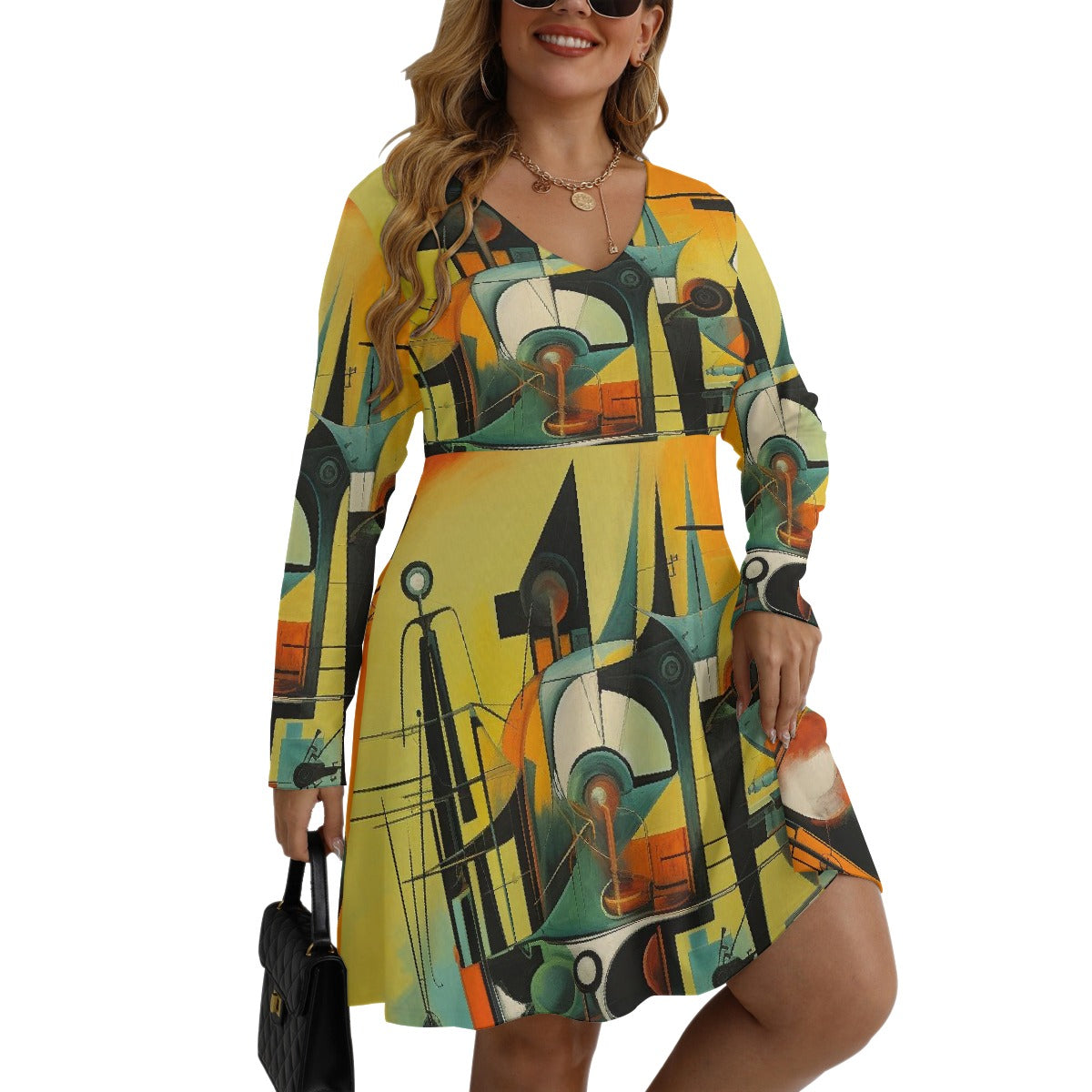 All-Over Print Women's V-neck Long Sleeve Dress(Plus Size)