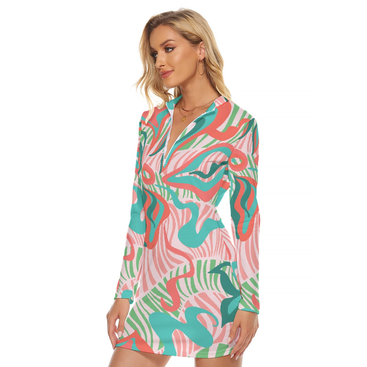 All-Over Print Women's Zip Front Tight Dress