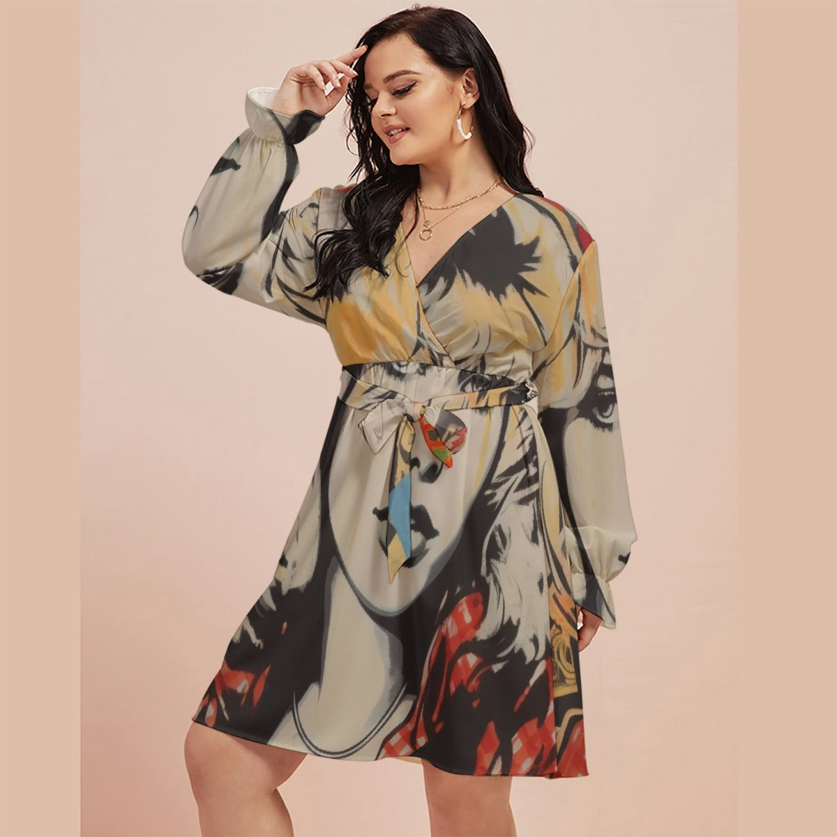 All-Over Print Women's V-neck Dress With Waistband(Plus Size)