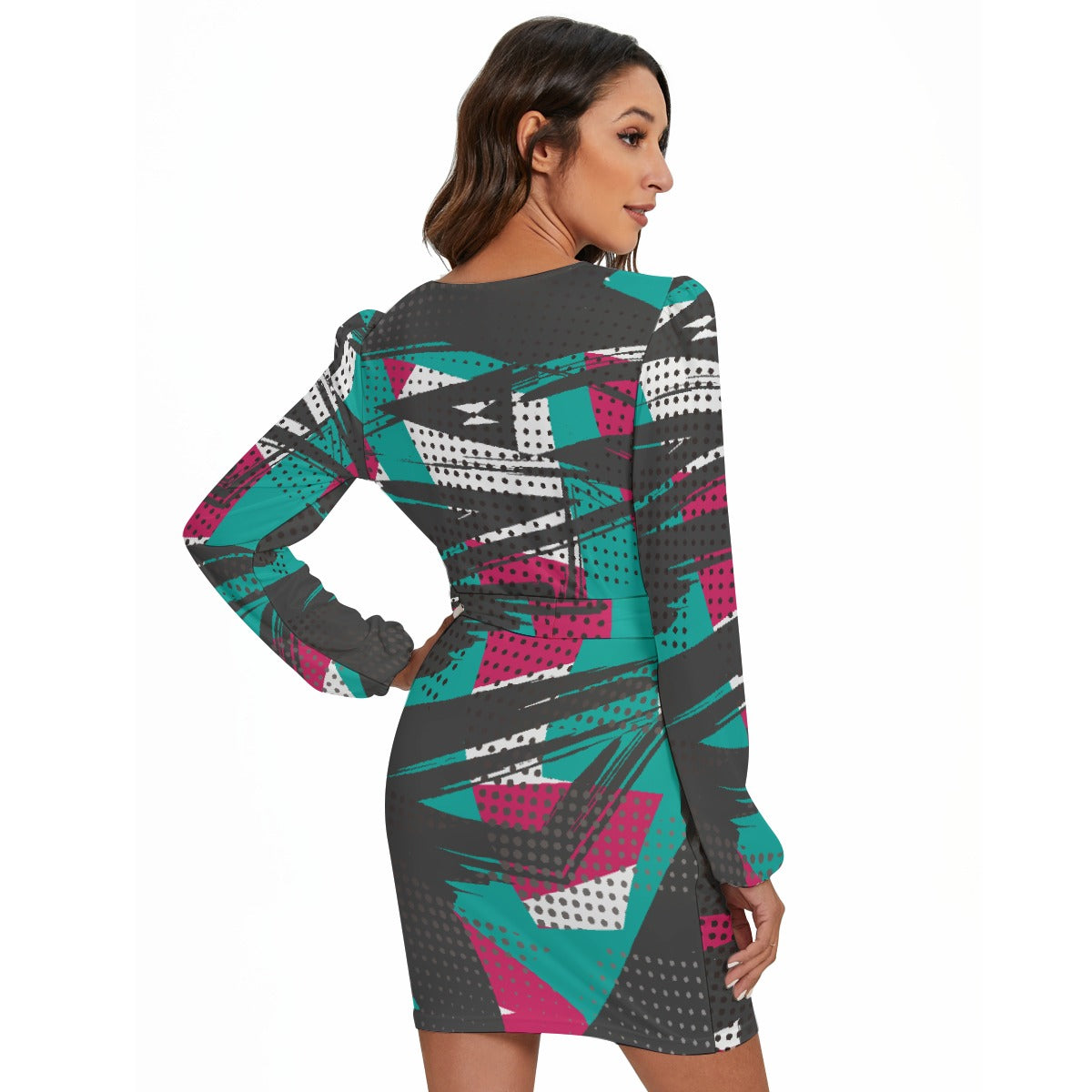 All-Over Print Women's Long Sleeve Dress With Waist Belt