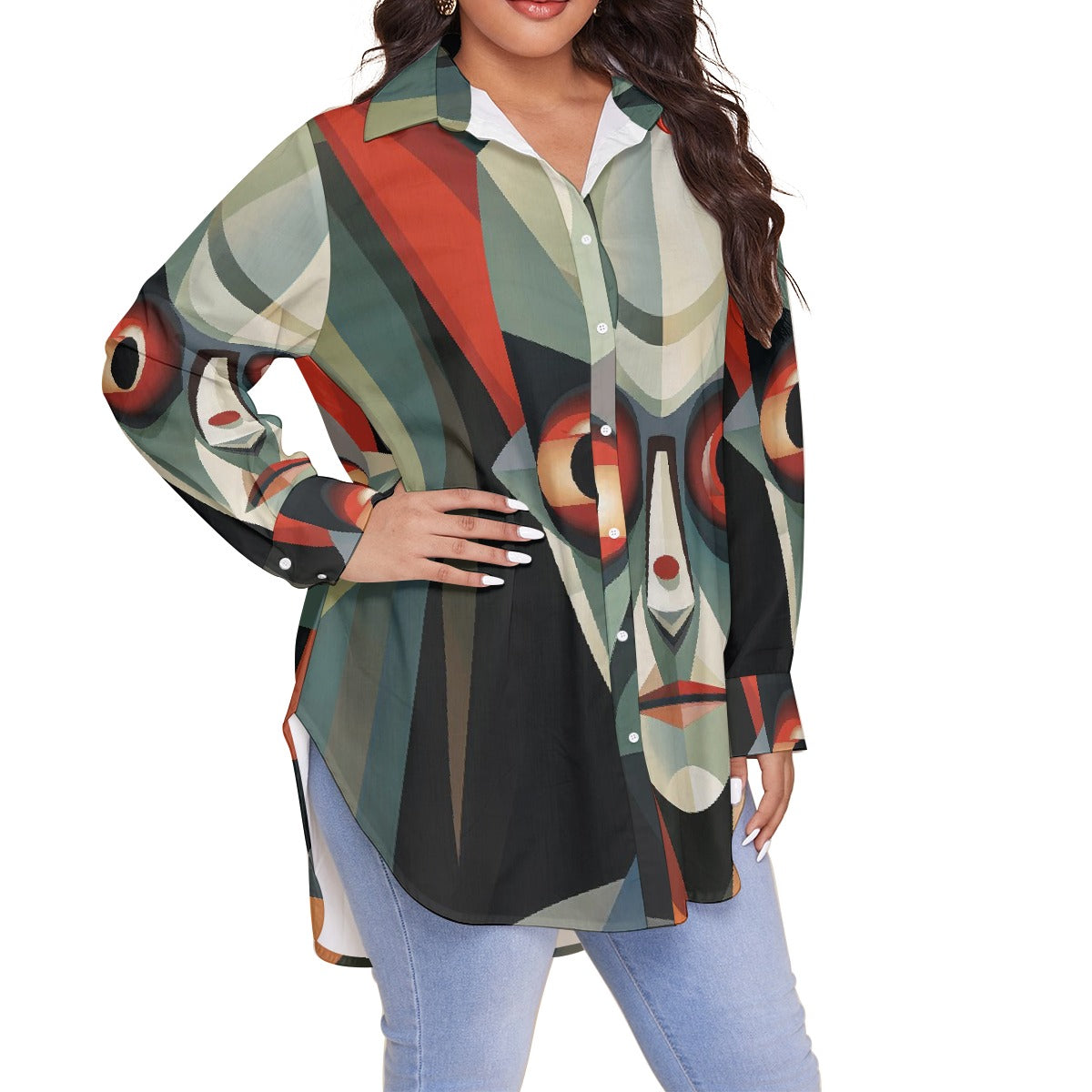 All-Over Print Women's Shirt With Long Sleeve(Plus Size)