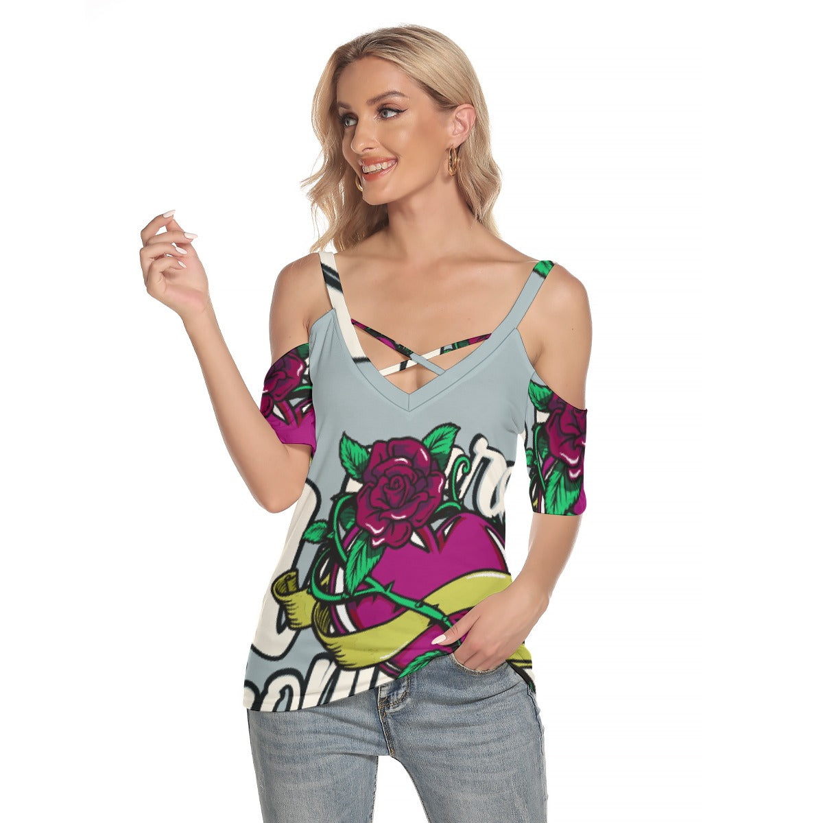 All-Over Print Women's Cold Shoulder T-shirt With Criss Cross Strips