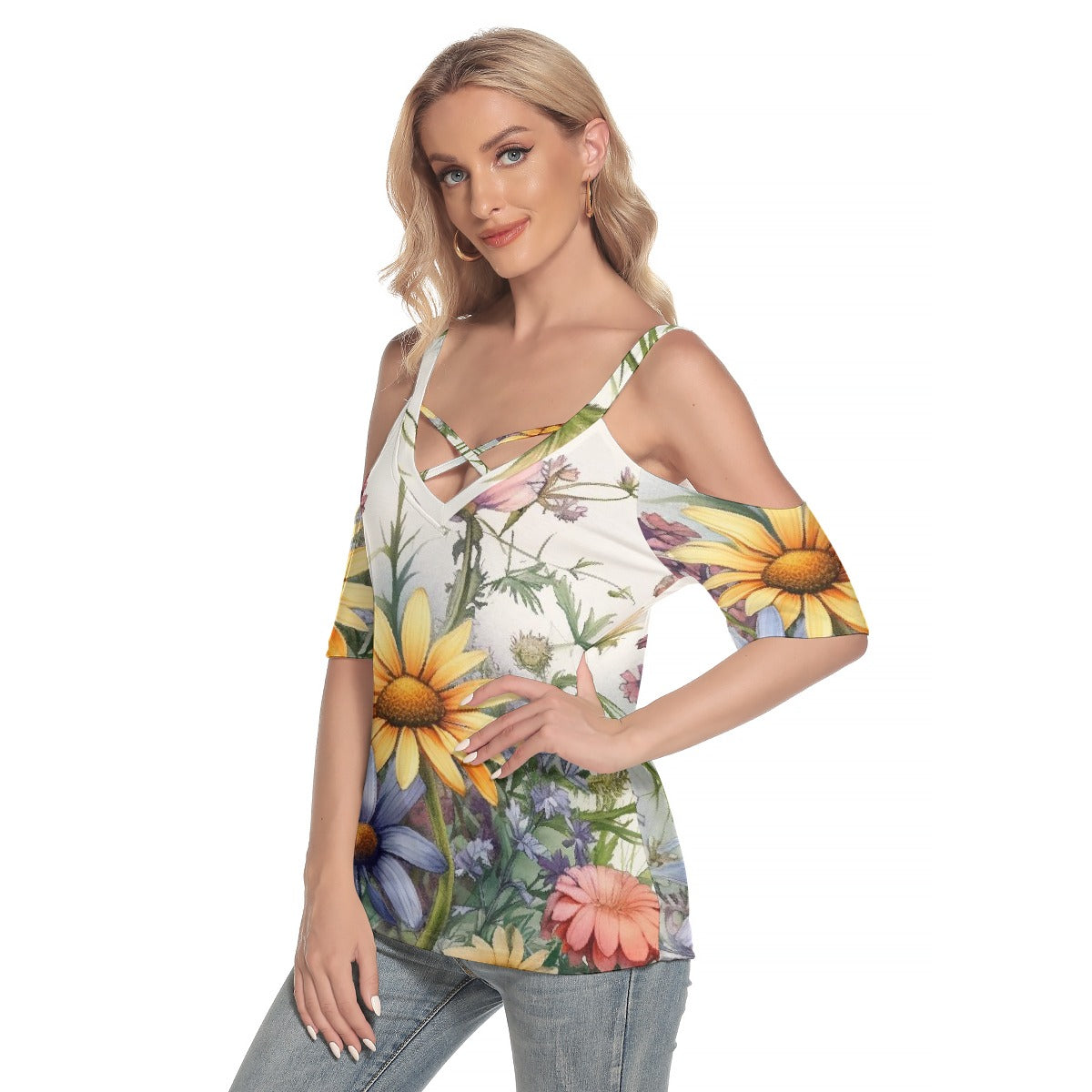 All-Over Print Women's Cold Shoulder T-shirt With Criss Cross Strips