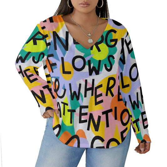 All-Over Print Women's V-neck T-shirt With Curved Hem(Plus Size)