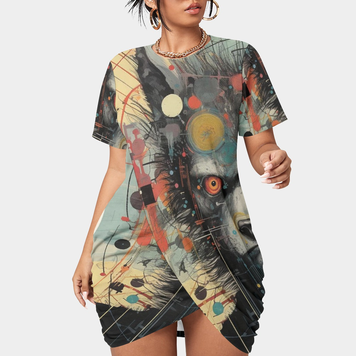 All-Over Print Women’s Stacked Hem Dress With Short Sleeve（Plus Size）