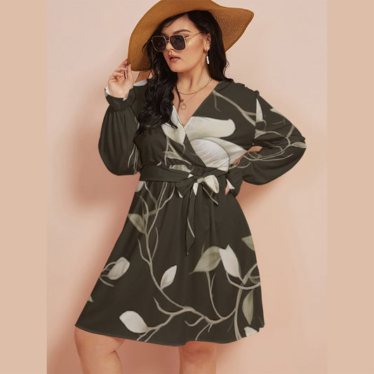 All-Over Print Women's V-neck Dress With Waistband(Plus Size)