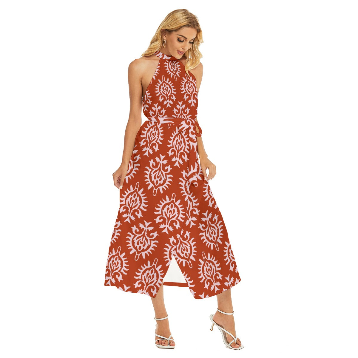 All-Over Print Women's Wrap Hem Belted Halter Dress