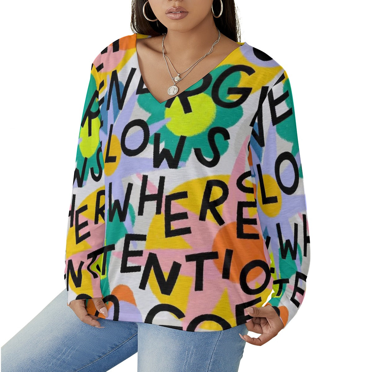 All-Over Print Women's V-neck T-shirt With Curved Hem(Plus Size)