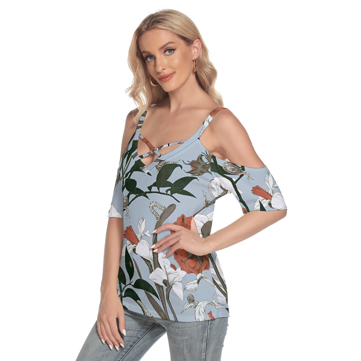 All-Over Print Women's Cold Shoulder T-shirt With Criss Cross Strips