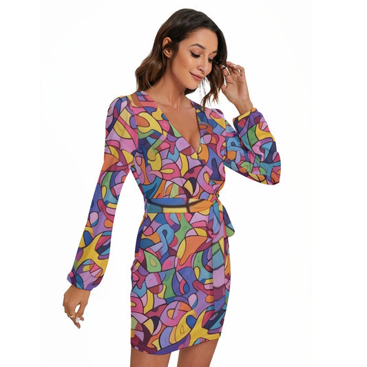 All-Over Print Women's Long Sleeve Dress With Waist Belt