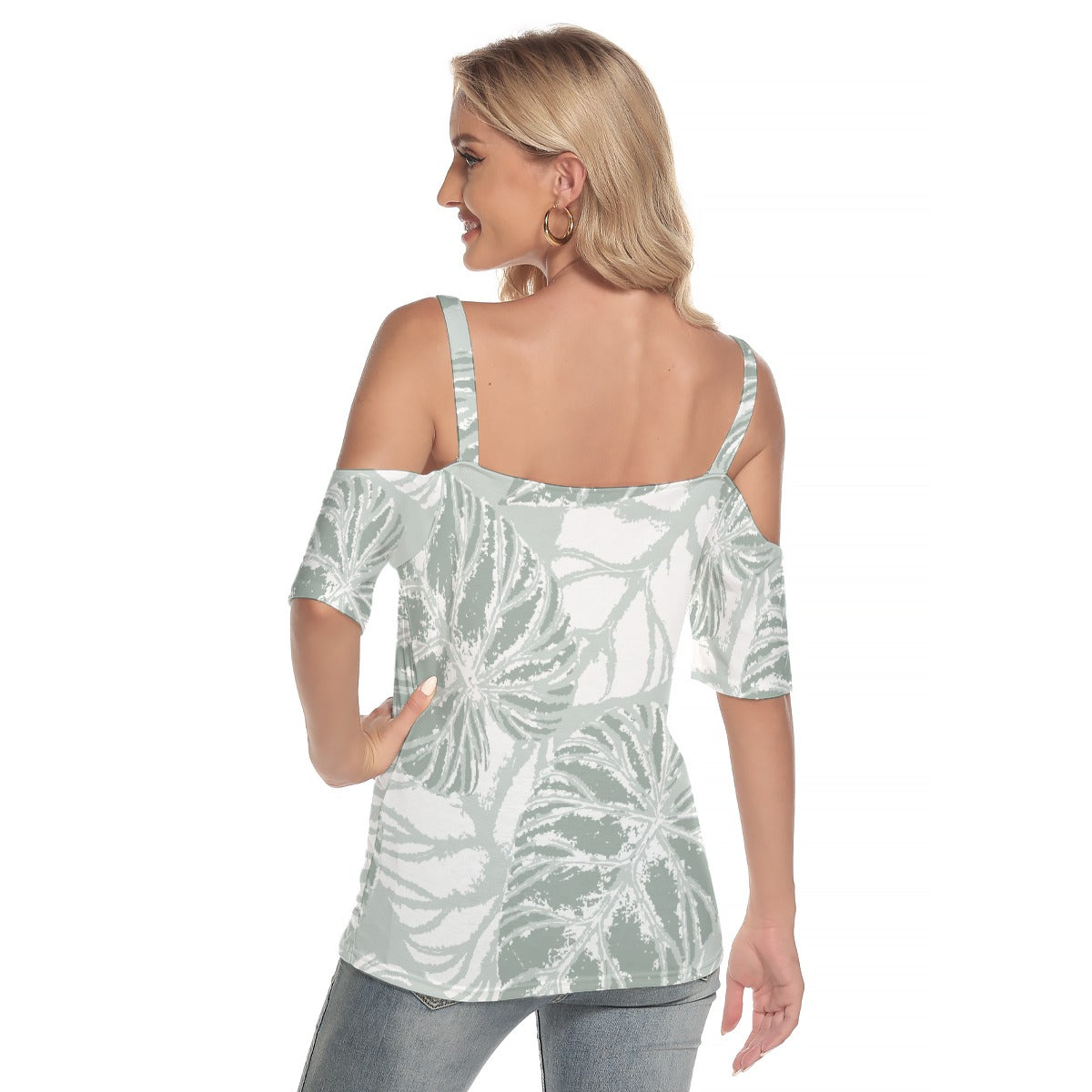 All-Over Print Women's Cold Shoulder T-shirt With Criss Cross Strips