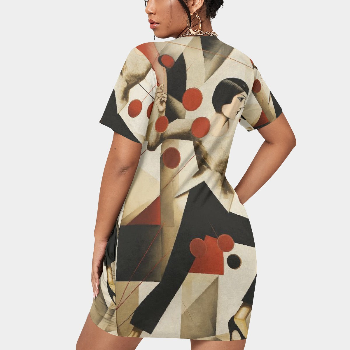 All-Over Print Women’s Stacked Hem Dress With Short Sleeve（Plus Size）