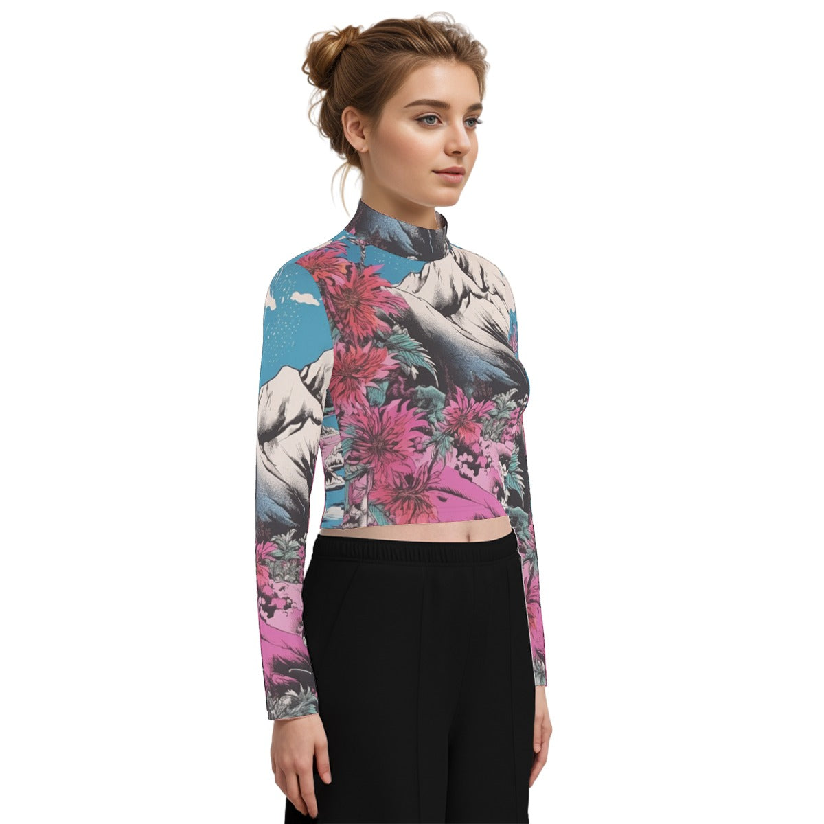 Eco-Friendly All-Over Print Women's Turtleneck T-shirt With Long Sleeve