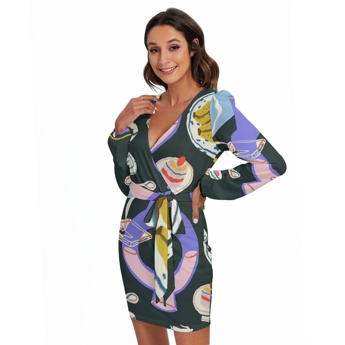 All-Over Print Women's Long Sleeve Dress With Waist Belt