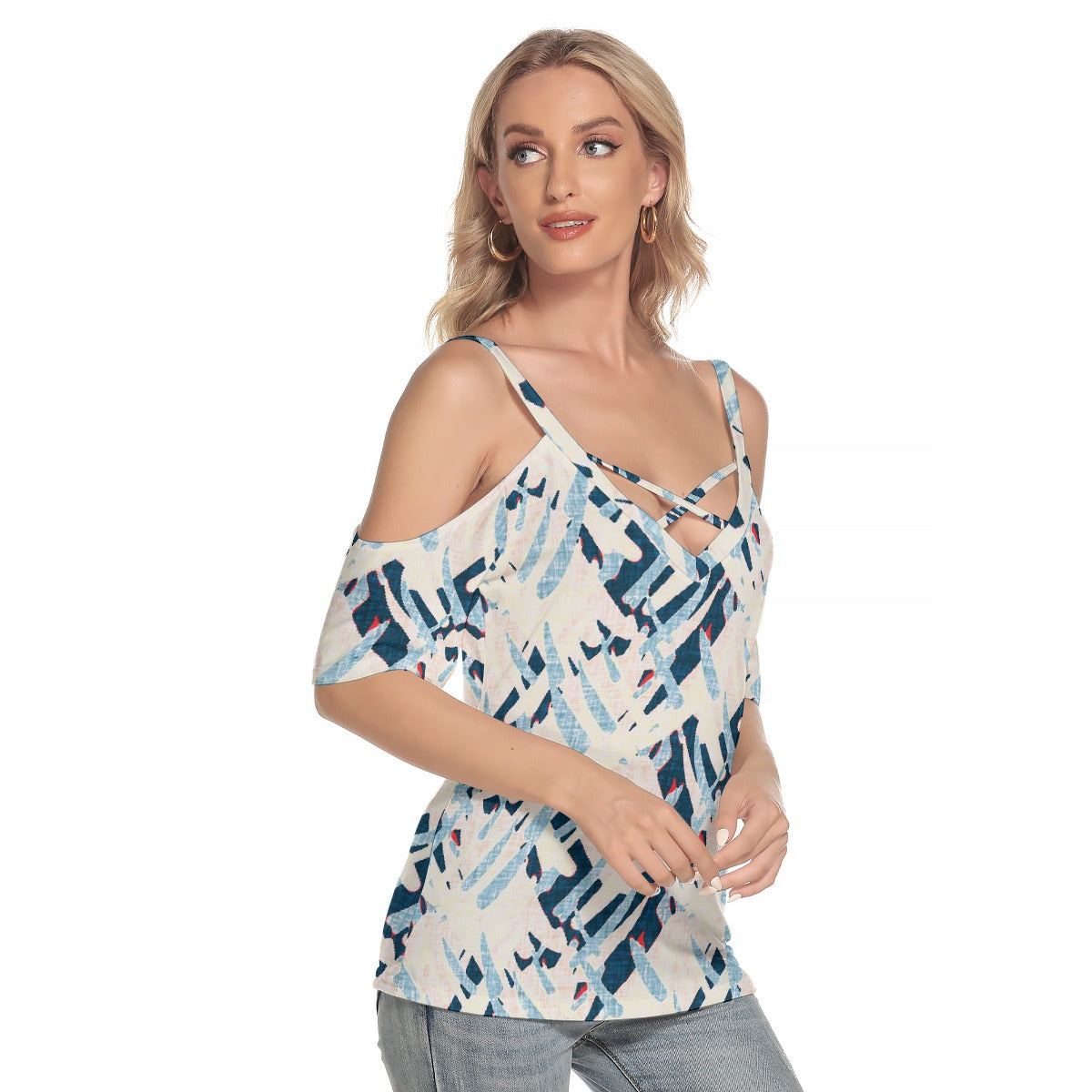 All-Over Print Women's Cold Shoulder T-shirt With Criss Cross Strips