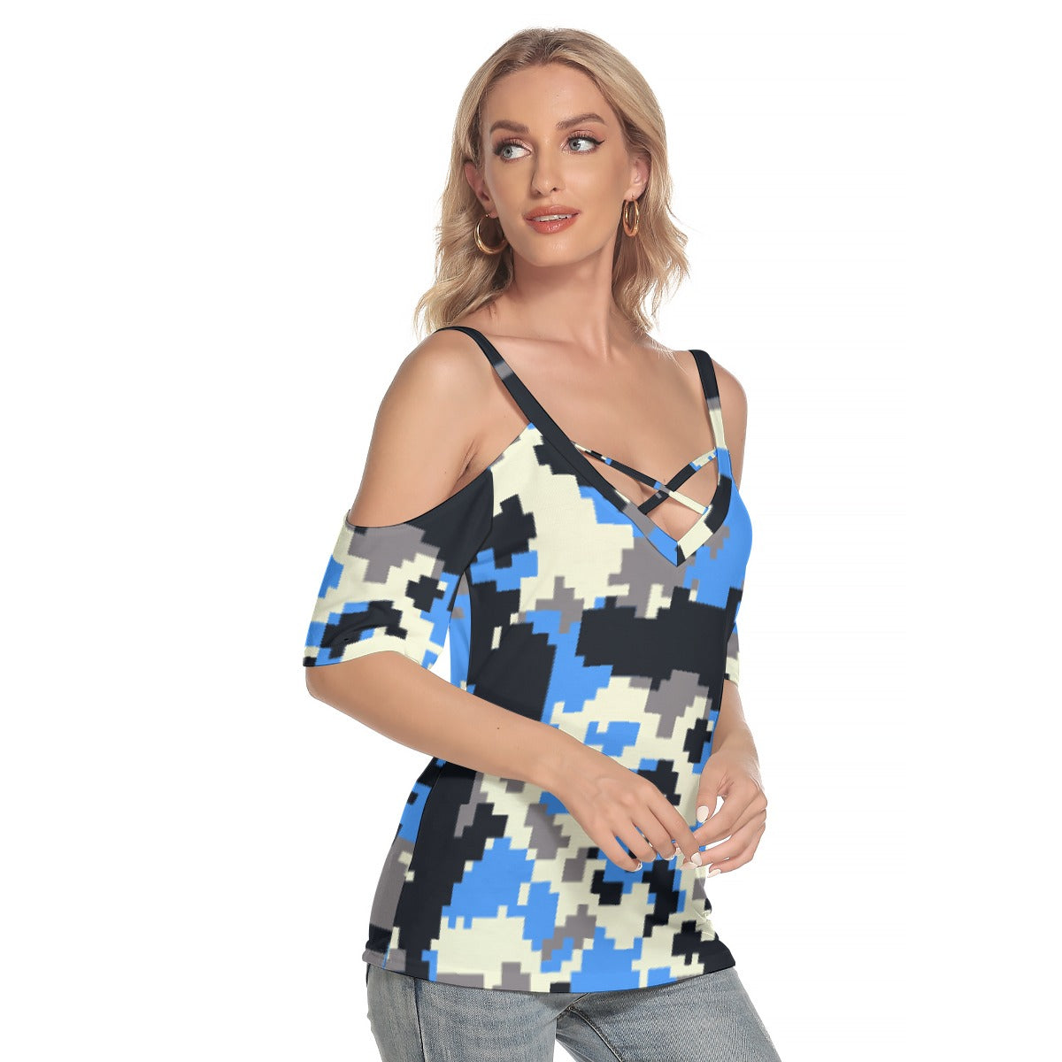 All-Over Print Women's Cold Shoulder T-shirt With Criss Cross Strips