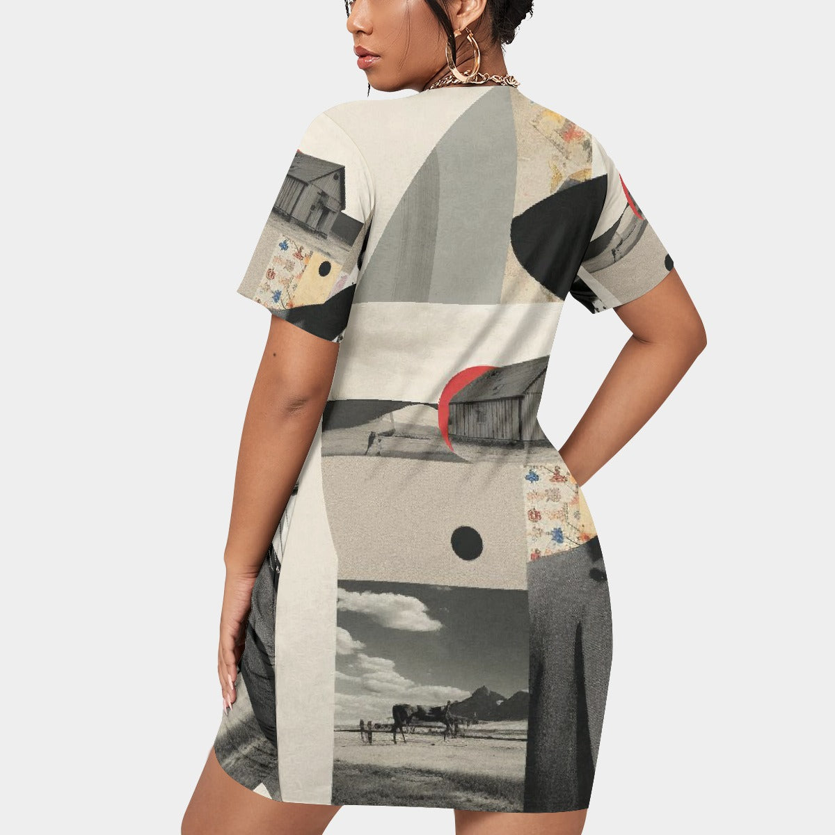 All-Over Print Women’s Stacked Hem Dress With Short Sleeve（Plus Size）