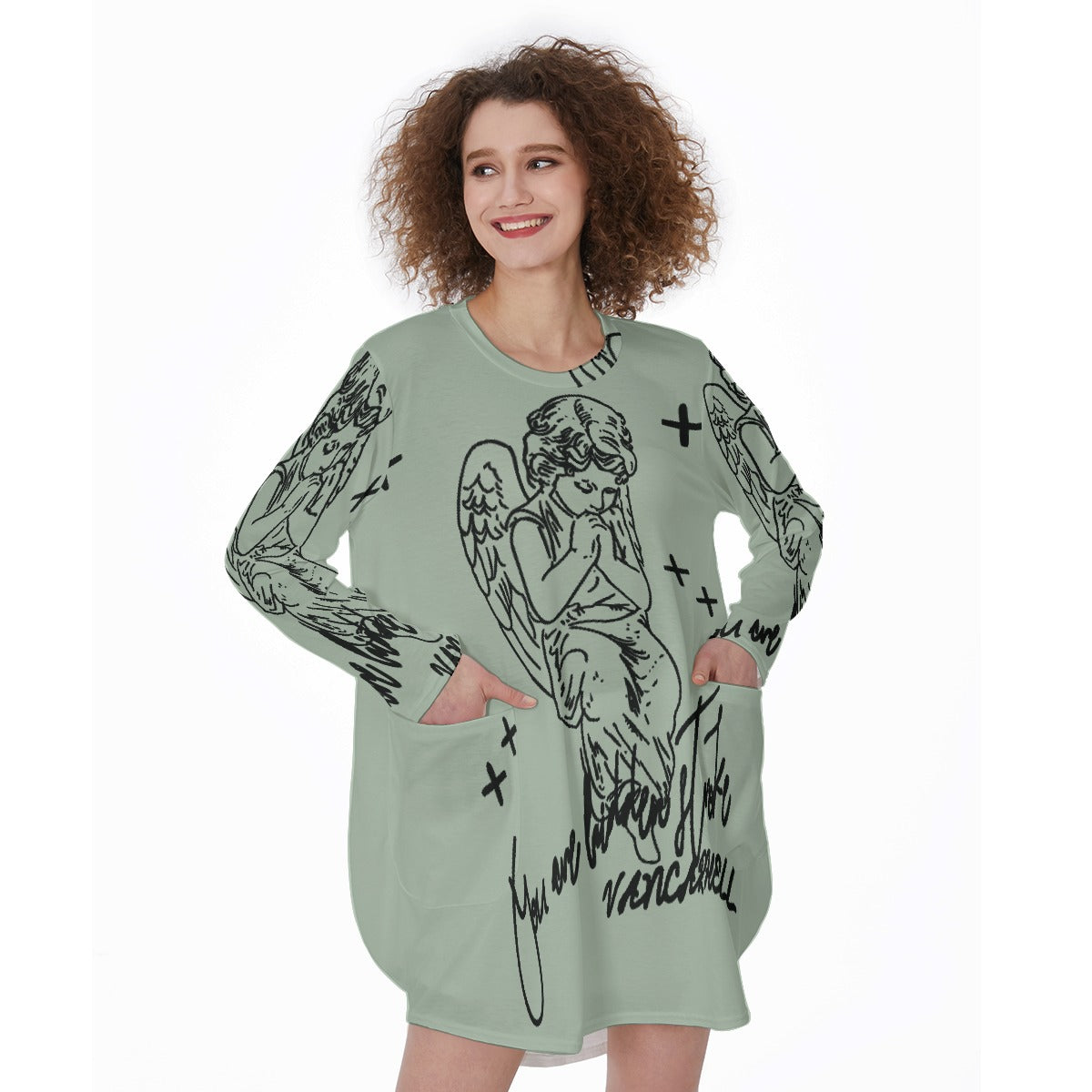 All-Over Print Women's Casual Loose Long Sleeve Dress With Pocket