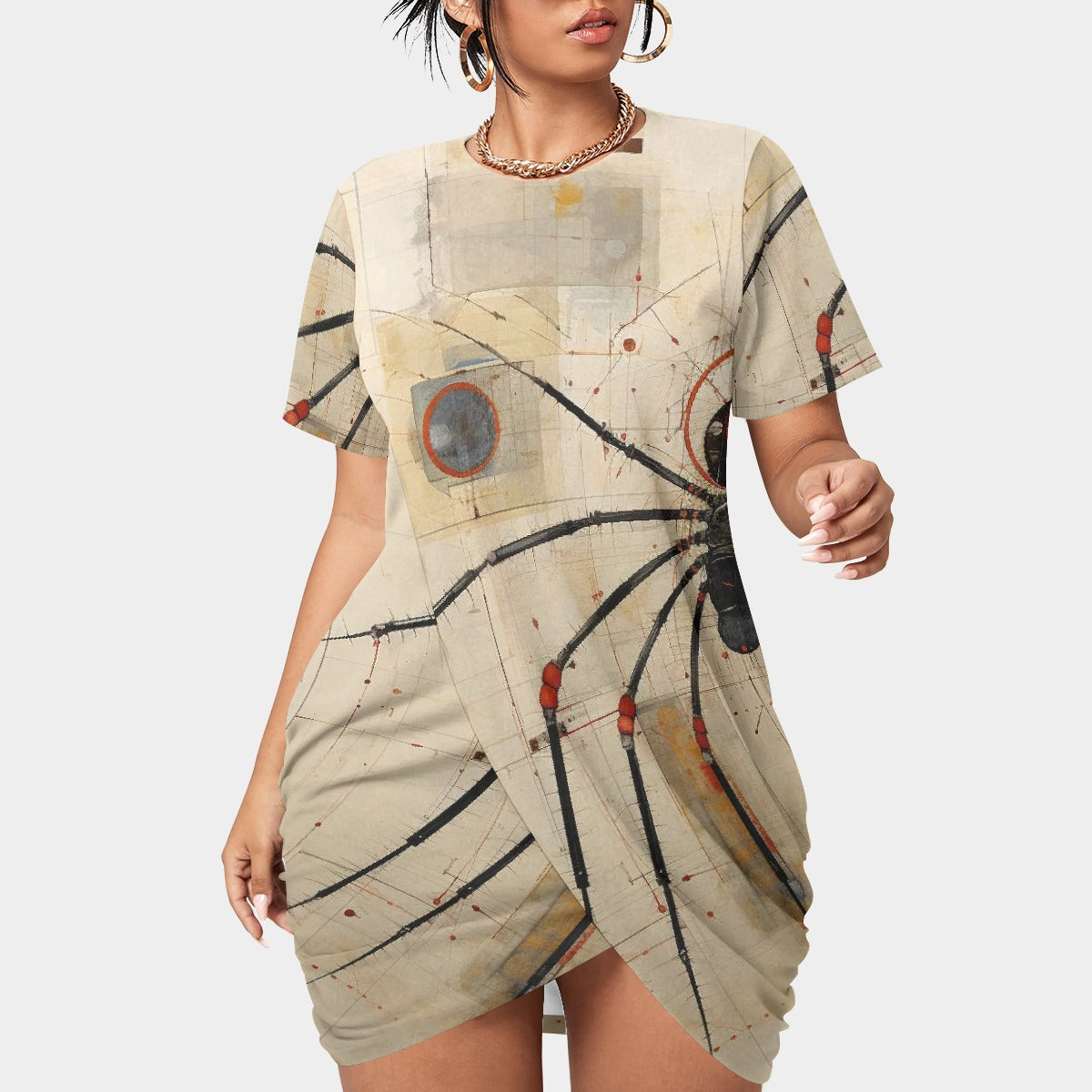 All-Over Print Women’s Stacked Hem Dress With Short Sleeve（Plus Size）