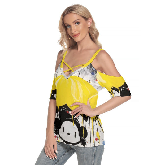 All-Over Print Women's Cold Shoulder T-shirt With Criss Cross Strips