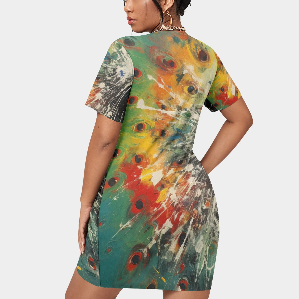 All-Over Print Women’s Stacked Hem Dress With Short Sleeve（Plus Size）