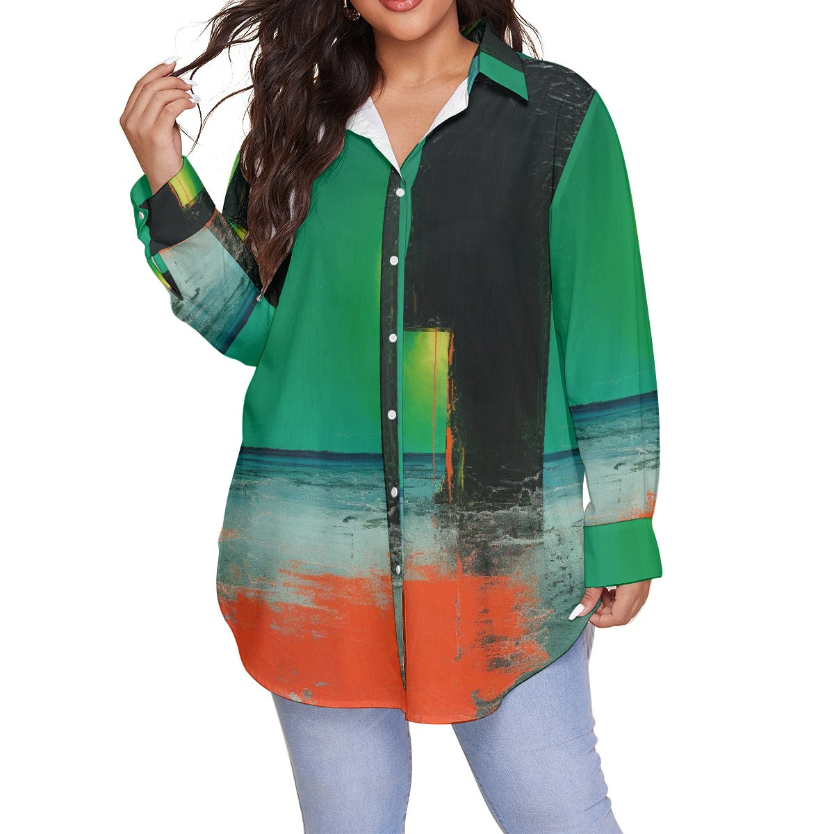 All-Over Print Women's Shirt With Long Sleeve(Plus Size)