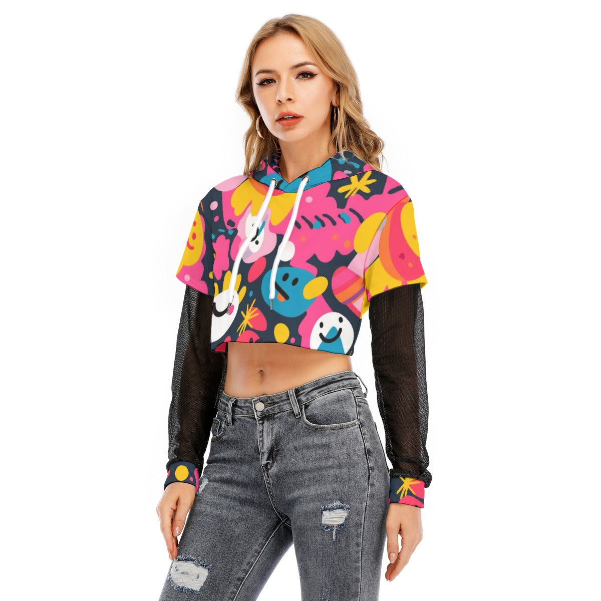 All-Over Print Women's Fake Two-piece Mesh Sleeve Cropped Hoodie