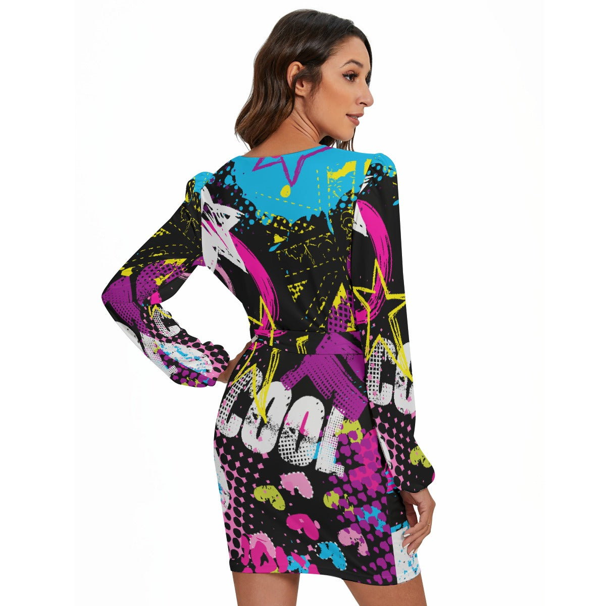 All-Over Print Women's Long Sleeve Dress With Waist Belt