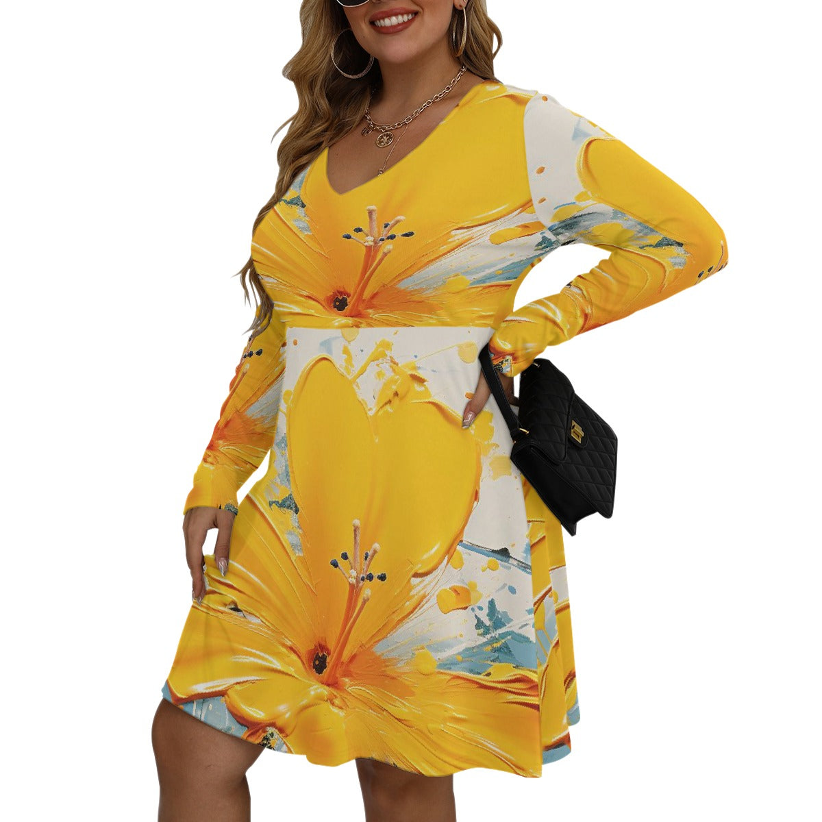 All-Over Print Women's V-neck Long Sleeve Dress(Plus Size)