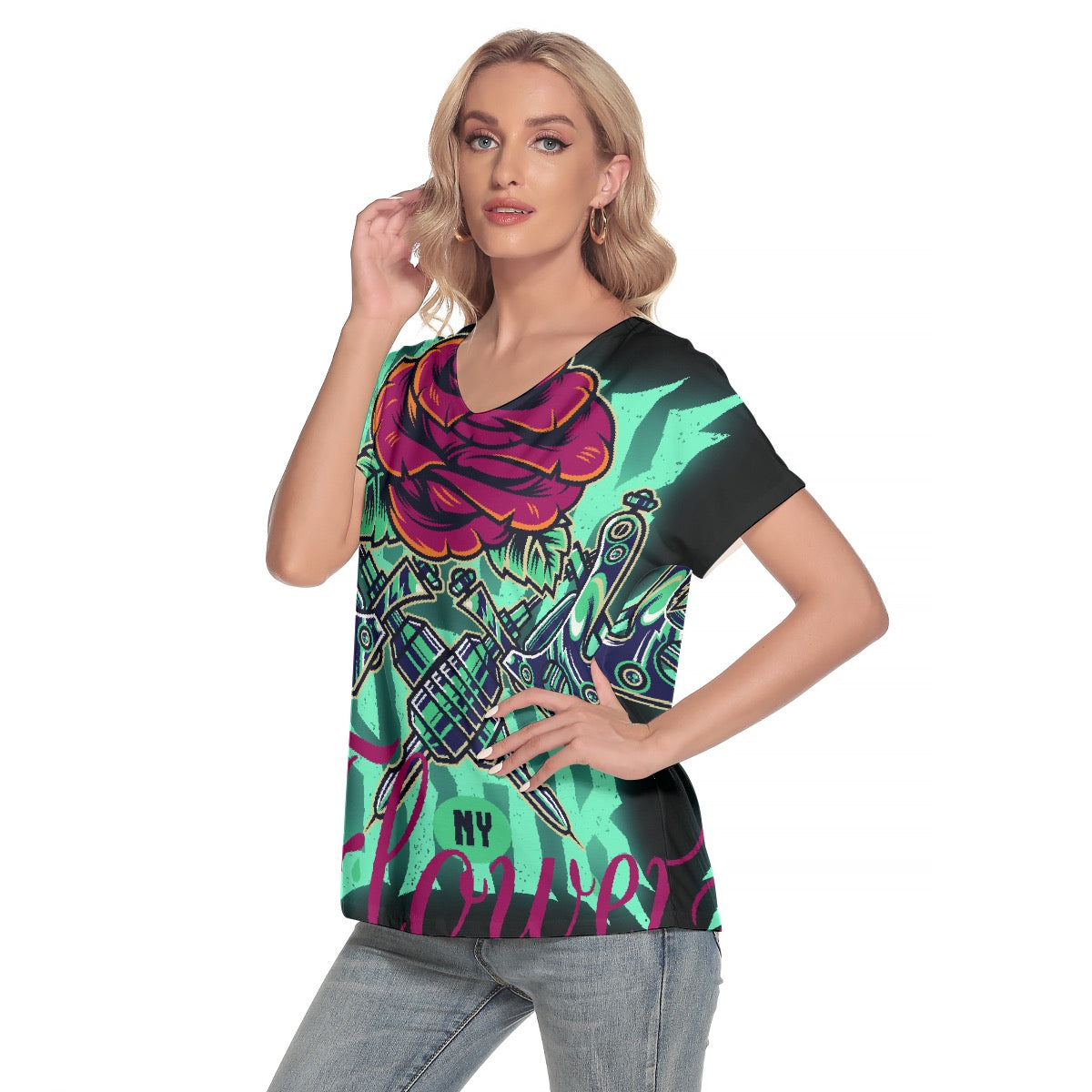 All-Over Print Women's Loose V-neck Short Sleeve T-shirt