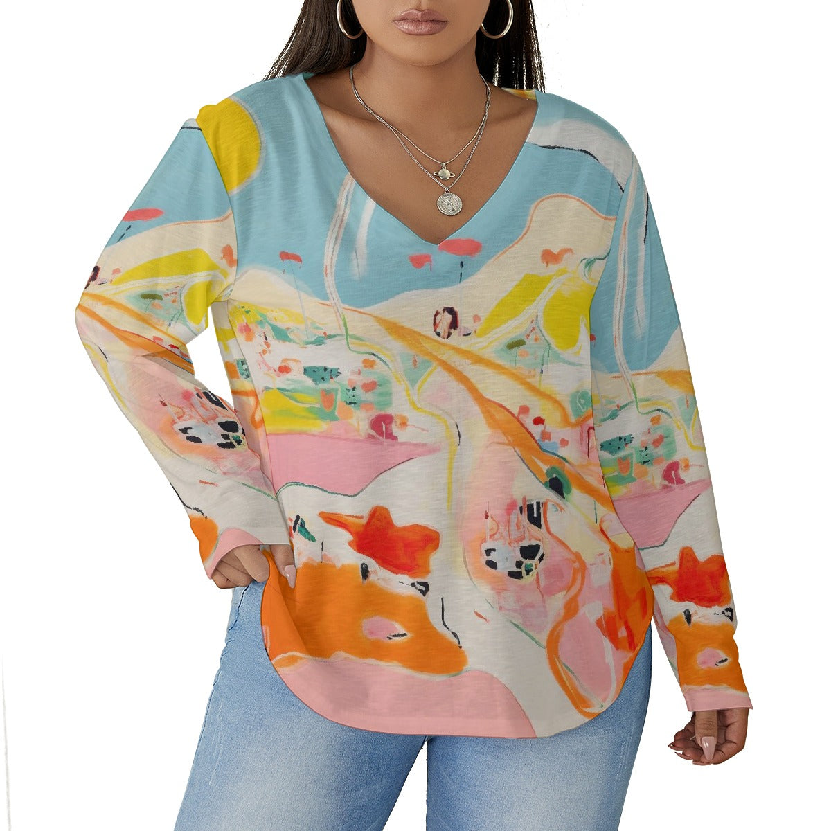 All-Over Print Women's V-neck T-shirt With Curved Hem(Plus Size)