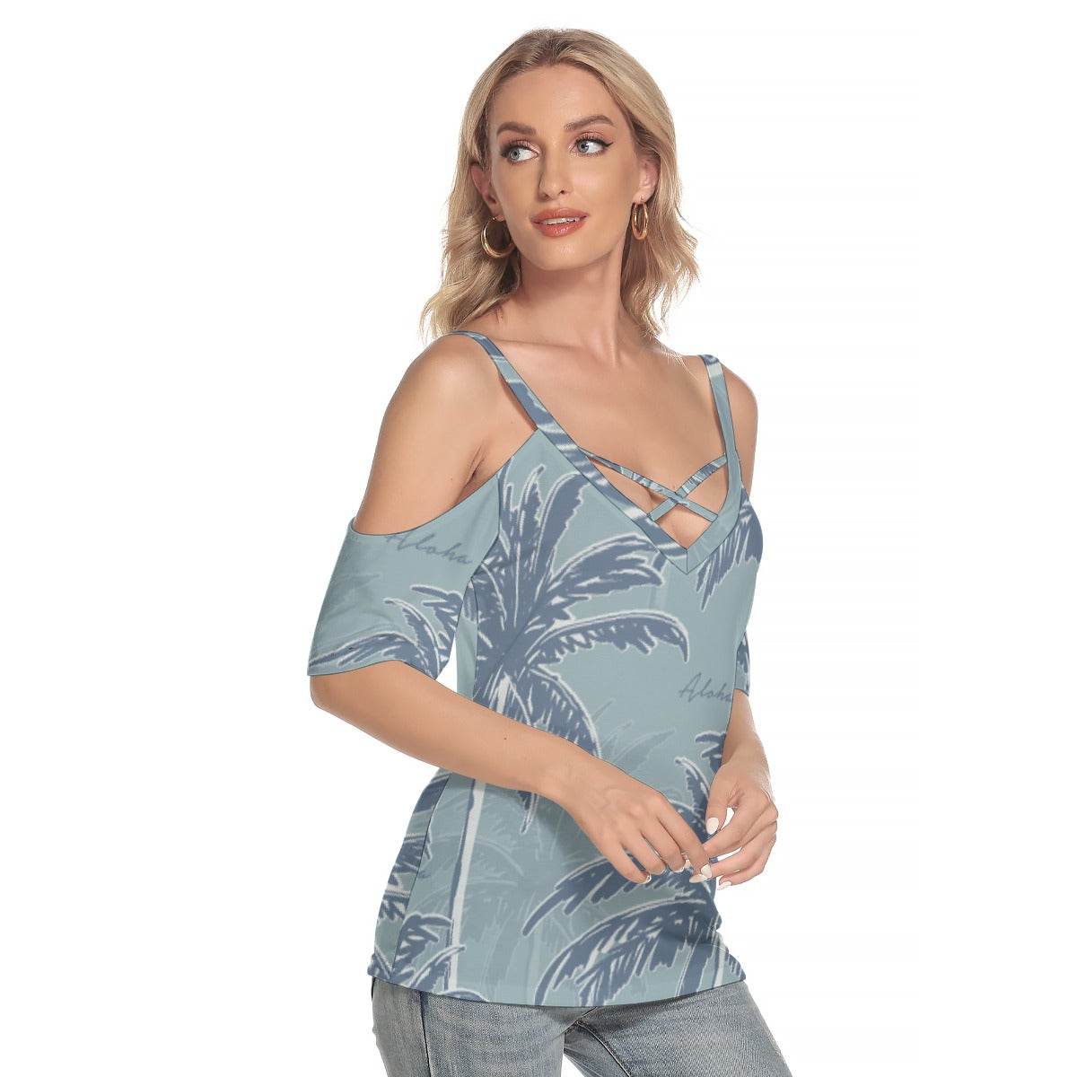 All-Over Print Women's Cold Shoulder T-shirt With Criss Cross Strips