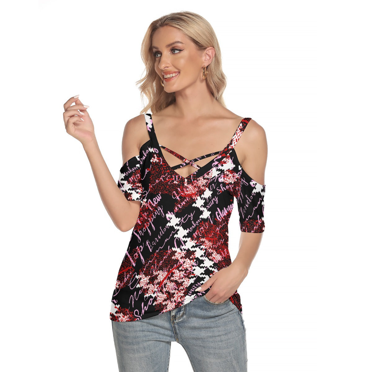 All-Over Print Women's Cold Shoulder T-shirt With Criss Cross Strips