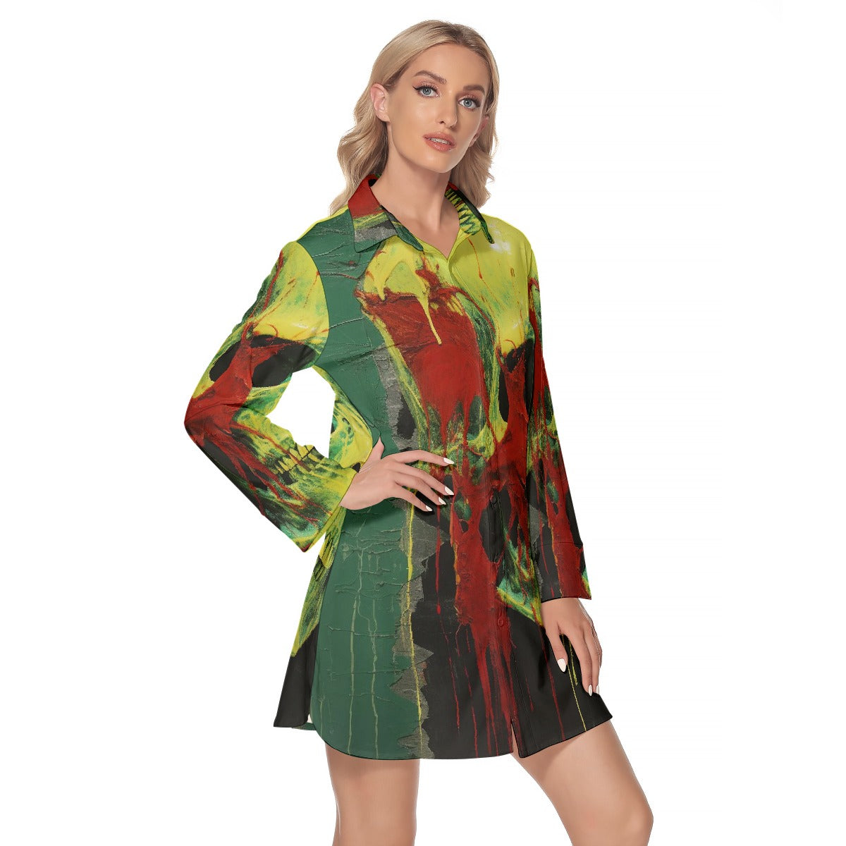 All-Over Print Women's Lapel Shirt Dress With Long Sleeve