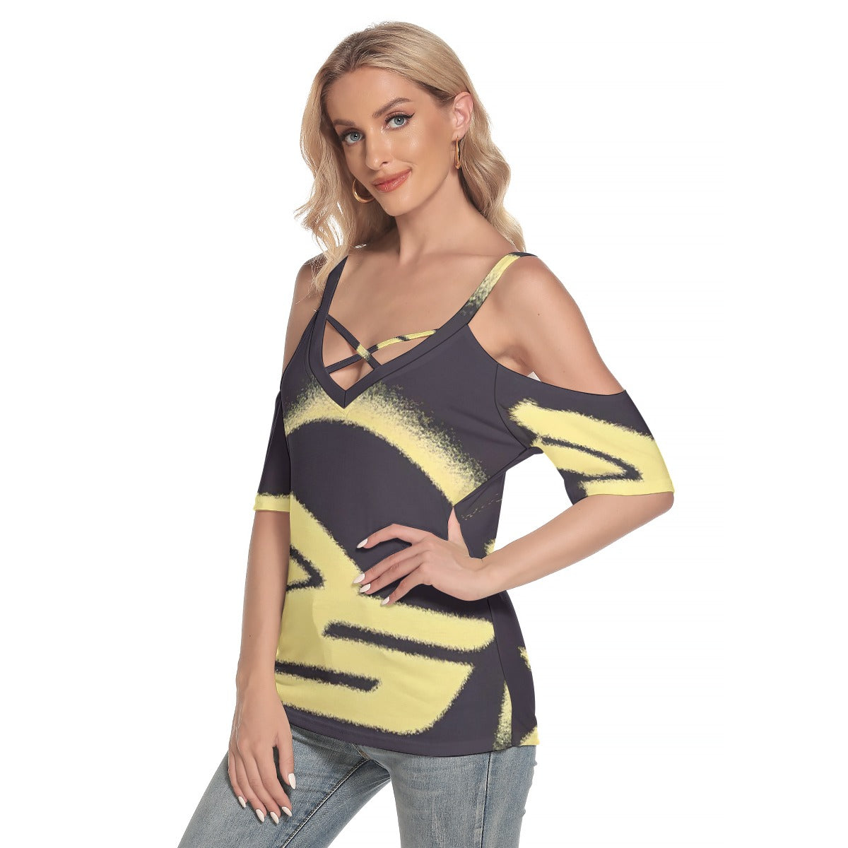 All-Over Print Women's Cold Shoulder T-shirt With Criss Cross Strips