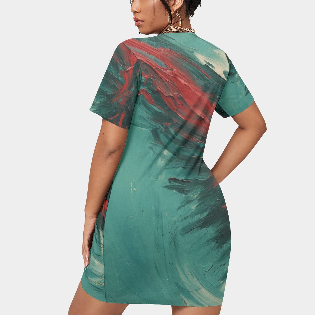 All-Over Print Women’s Stacked Hem Dress With Short Sleeve（Plus Size）