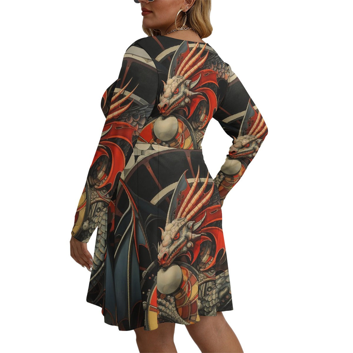 All-Over Print Women's V-neck Long Sleeve Dress(Plus Size)