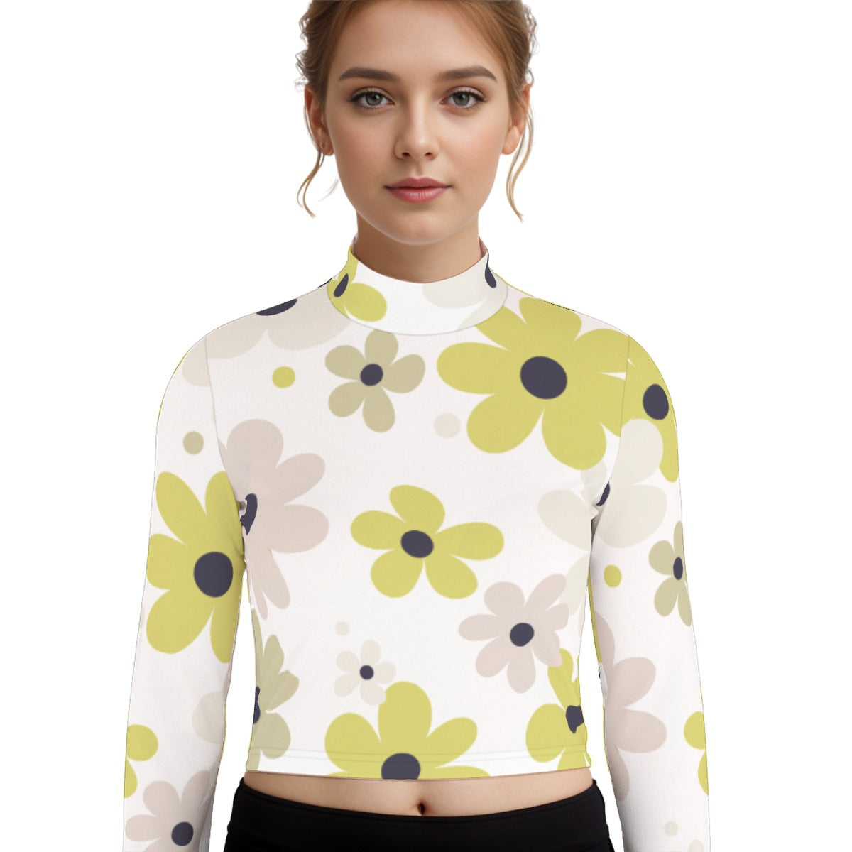 Eco-Friendly All-Over Print Women's Turtleneck T-shirt With Long Sleeve