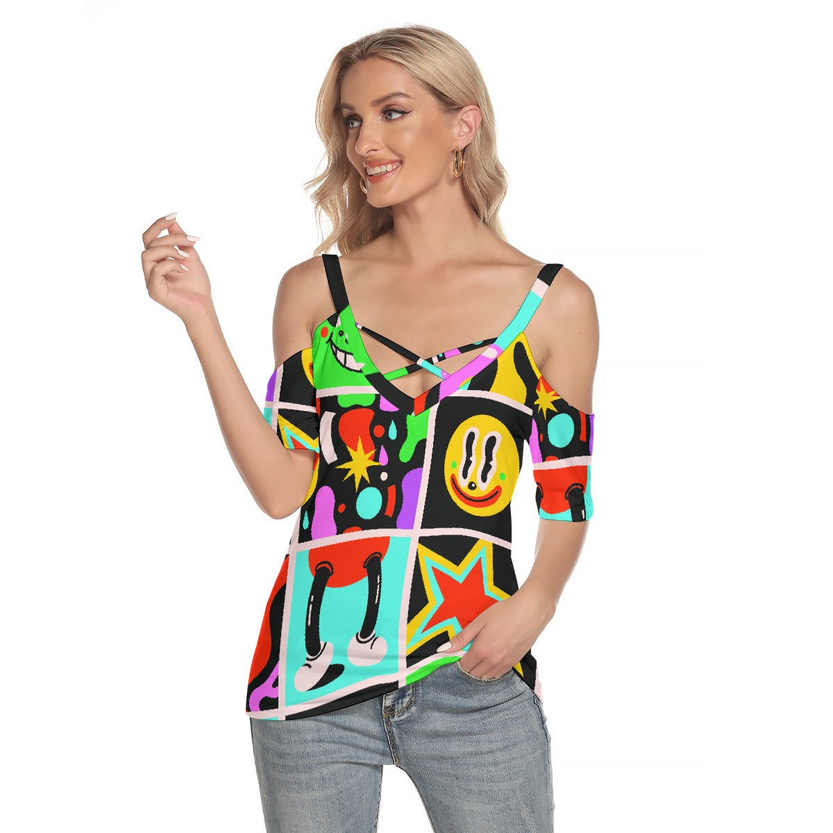 All-Over Print Women's Cold Shoulder T-shirt With Criss Cross Strips