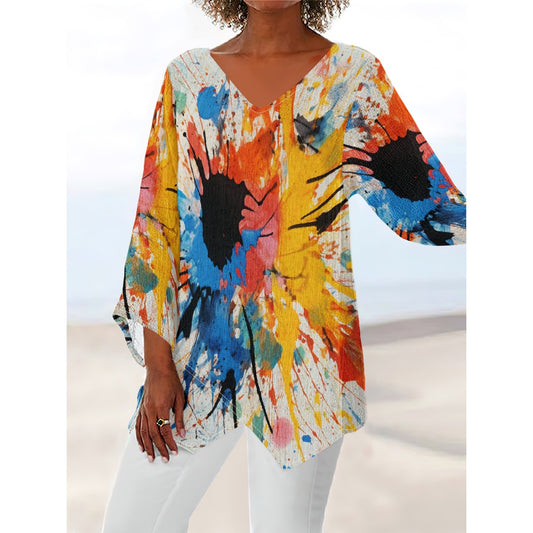 All-Over Print Women's V-neck T-shirt With Irregular Hem