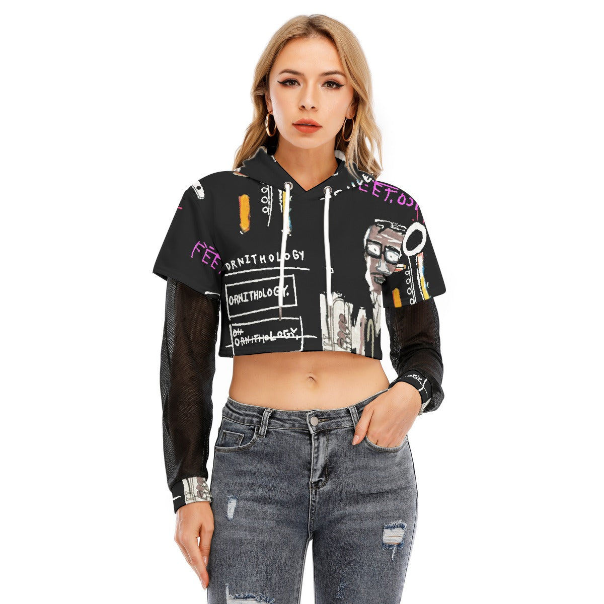 All-Over Print Women's Fake Two-piece Mesh Sleeve Cropped Hoodie