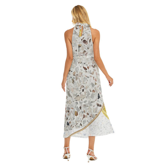 All-Over Print Women's Wrap Hem Belted Halter Dress