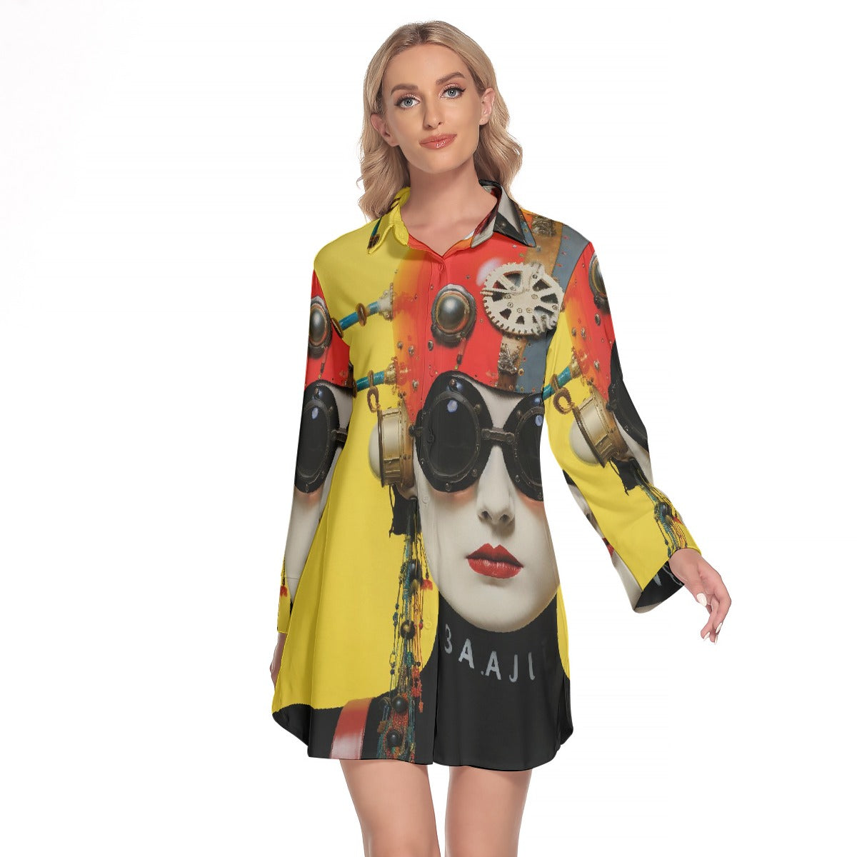 All-Over Print Women's Lapel Shirt Dress With Long Sleeve